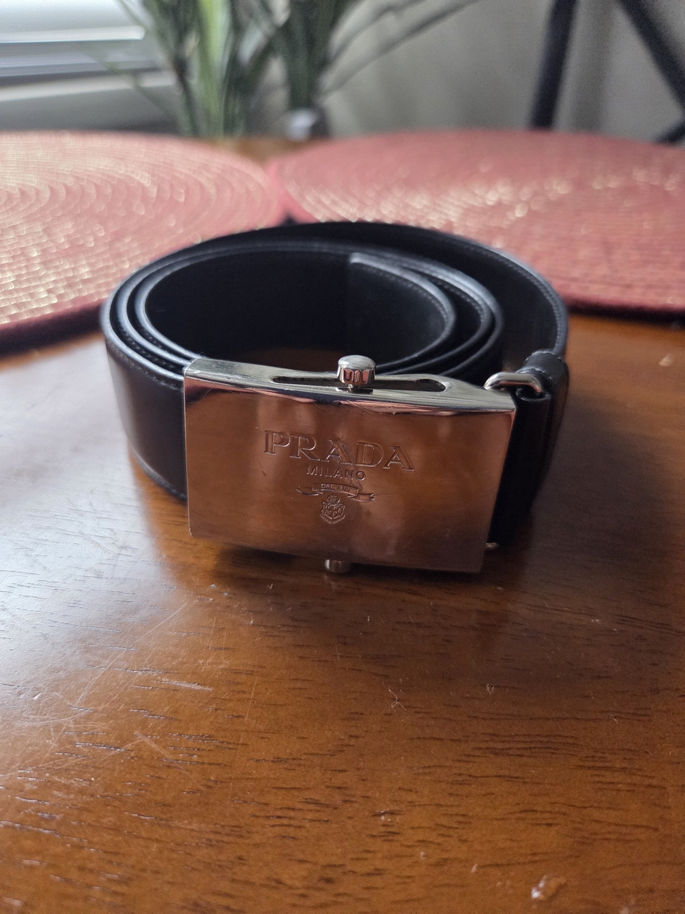 Prada Black Leather Belt with Polished Silver Buckle
